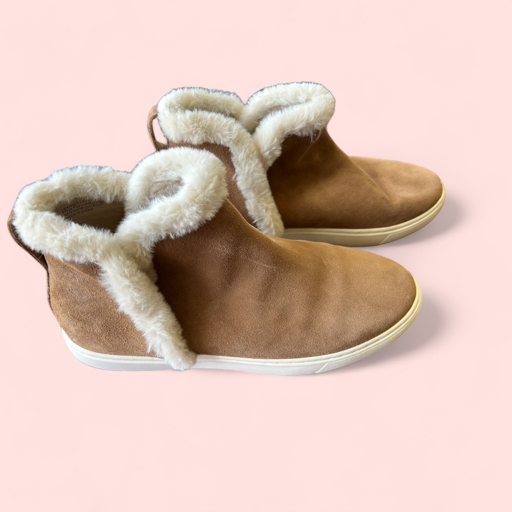 Suede with faux fur trimmed boots.